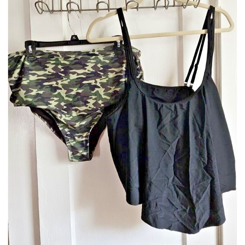 NWT DuoStick Tankini Flounce Black camo bottom 2 Piece Swimsuit NWT Size 3XL